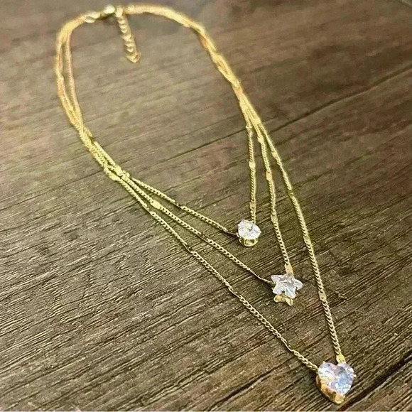 Gold Tone Three Strand Light Pink Rhinestone Gems Necklace - Picture 2 of 4